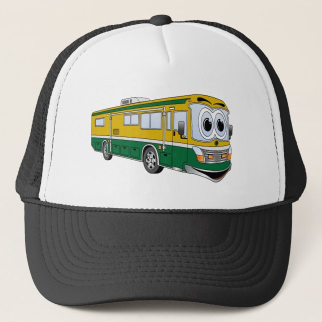 Green Gold RV Bus Camper Cartoon Trucker Hat (Front)