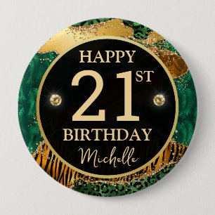 Green Gold Safari Agate Birthday Badge Button