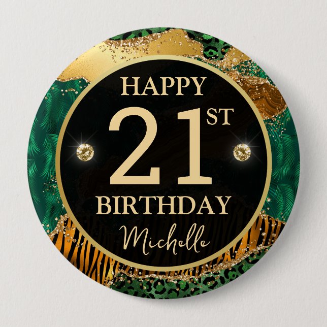 Green Gold Safari Agate Birthday Badge Button (Front)
