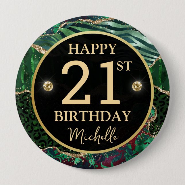 Green Gold Safari Agate Birthday Badge Button (Front)
