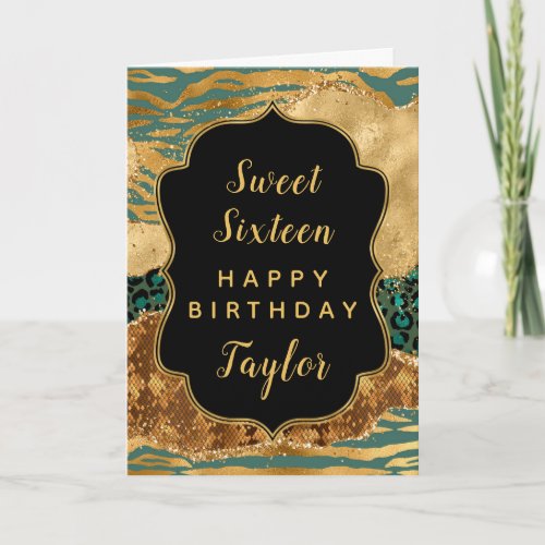Green Gold Safari Agate Sweet 16 Happy Birthday Card