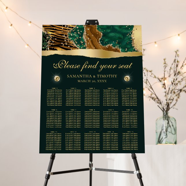 Green & Gold Safari Agate Wedding Seating Chart Foam Board (In Situ (Stand))