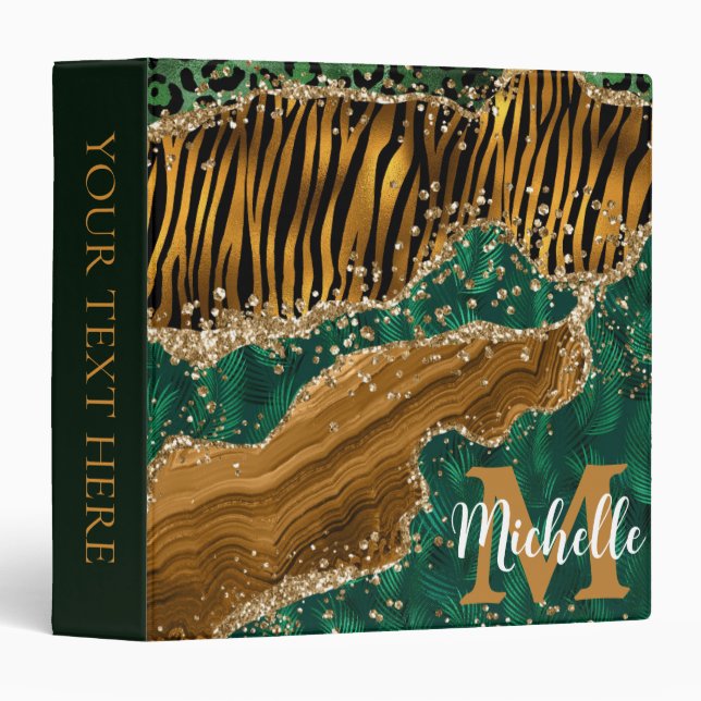 Green & Gold Safari Animal Glitter Agate Monogram 3 Ring Binder (Front/Spine)