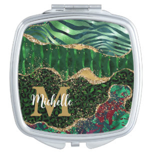 Green & Gold Safari Animal Glitter Agate Monogram Compact Mirror