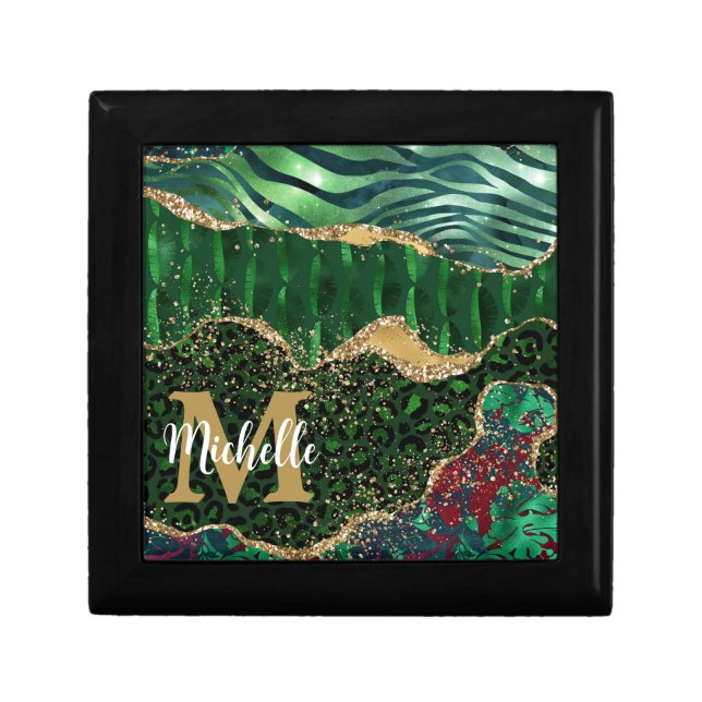 Green & Gold Safari Animal Glitter Agate Monogram Gift Box (Front)