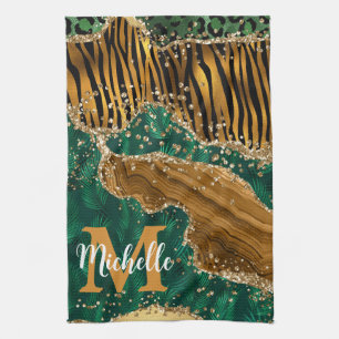 Green & Gold Safari Animal Glitter Agate Monogram Kitchen Towel