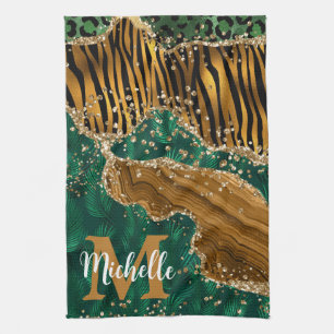 Green & Gold Safari Animal Glitter Agate Monogram Kitchen Towel
