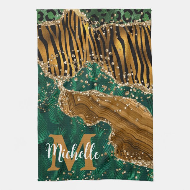 Green & Gold Safari Animal Glitter Agate Monogram Kitchen Towel (Vertical)