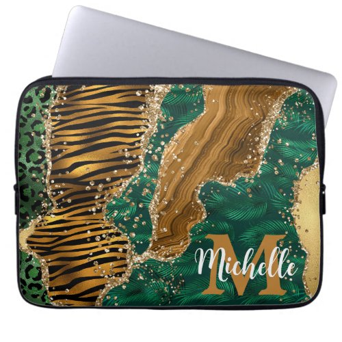 Green  Gold Safari Animal Glitter Agate Monogram Laptop Sleeve