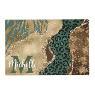 Green & Gold Safari Animal Glitter Agate Monogram Placemat