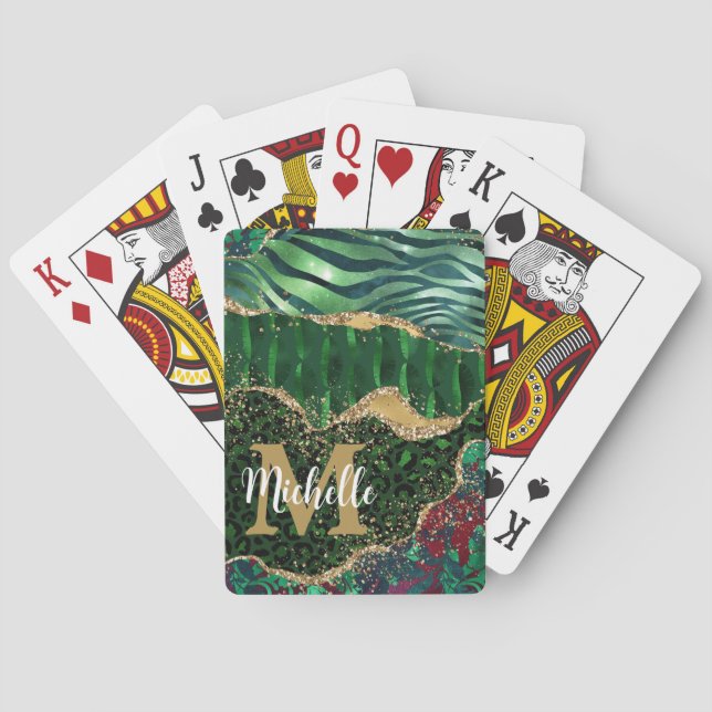 Green & Gold Safari Animal Glitter Agate Monogram Poker Cards (Back)