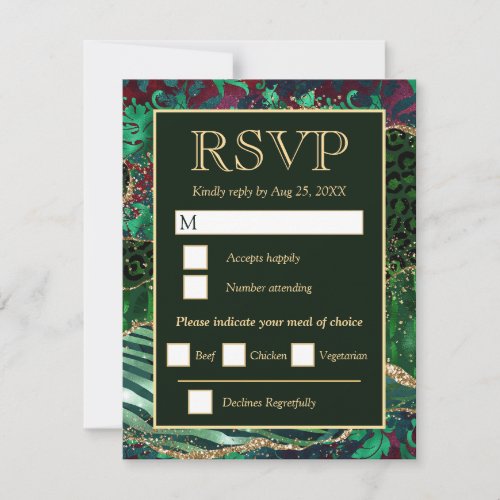 Green  Gold Safari Animal Glitter Agate Wedding RSVP Card