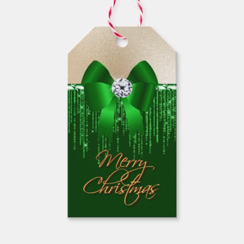 Green gold satin bow glitter merry christmas gift tags