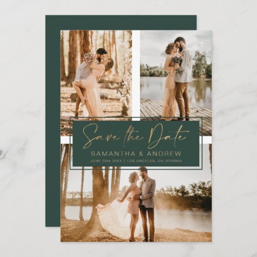 Green gold save the date 3 photo grid collage