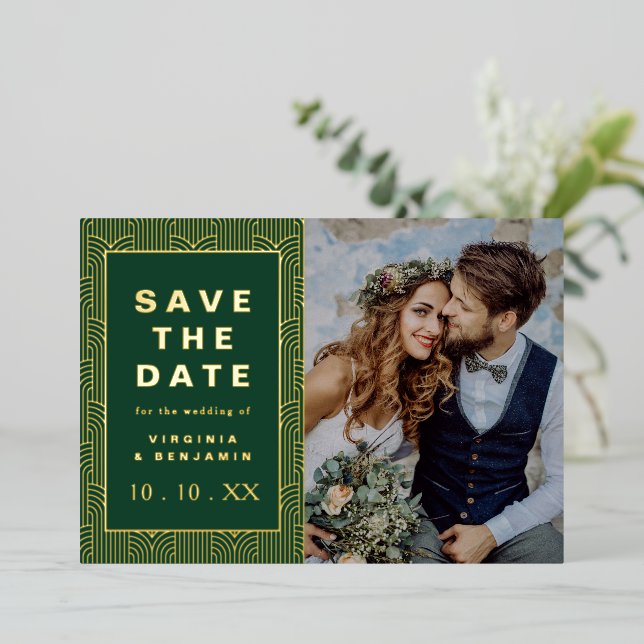 Green Gold Save The Date Foil Photo Card (Standing Front)