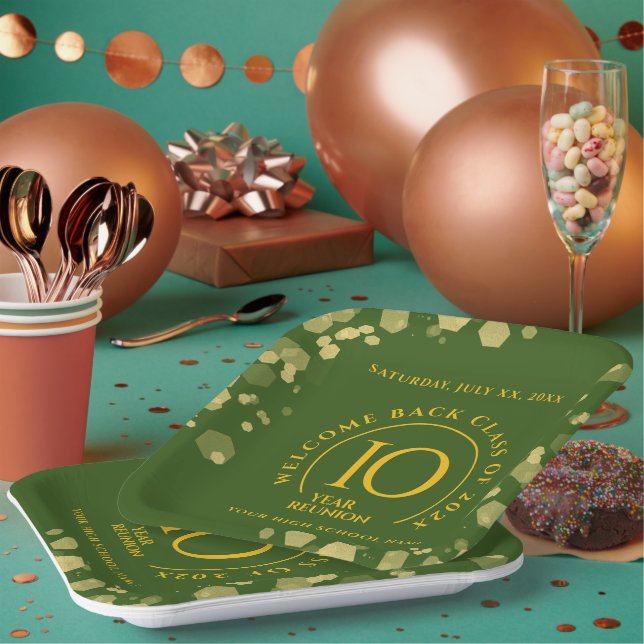 Green & Gold School College Class Reunion Paper Plates (Multi)