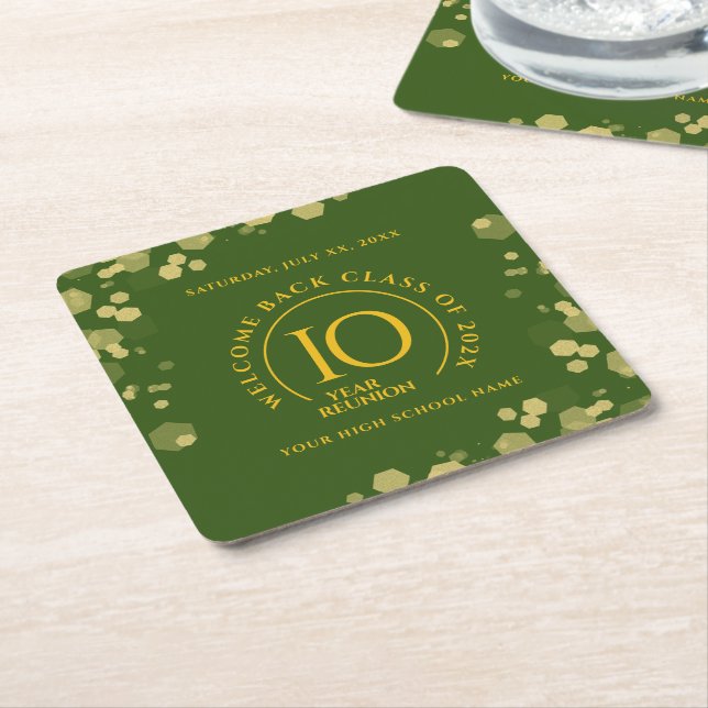 Green & Gold School College Class Reunion Square Paper Coaster (Angled)