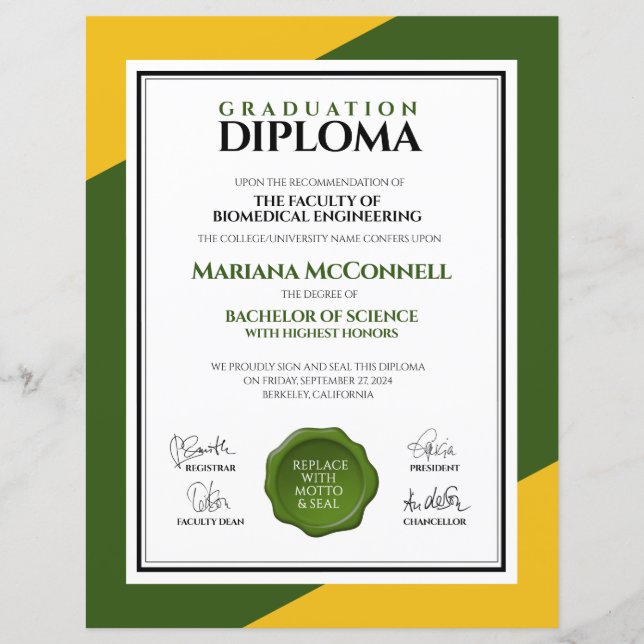 Green Gold School College University Diploma (Front)