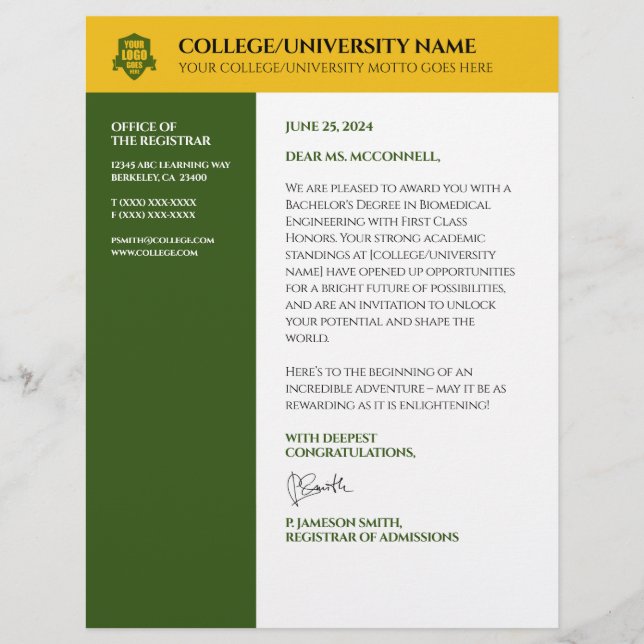 Green Gold School College University Letterhead (Front)