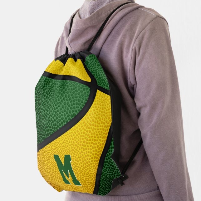 green gold school colors boys girls basketball drawstring bag (Insitu)
