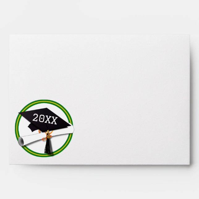 Green - Gold School Colors Grad Cap Graduation Envelope (Front)