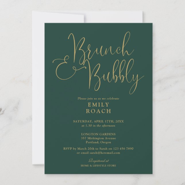 Green Gold Script Brunch Bubbly Bridal Shower Invitation (Front)