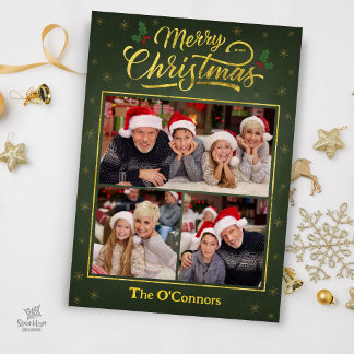 Green & Gold Script Merry Christmas Collage Card