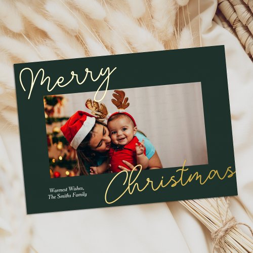 Green Gold Script Merry Christmas Simple Photo Foil Holiday Card