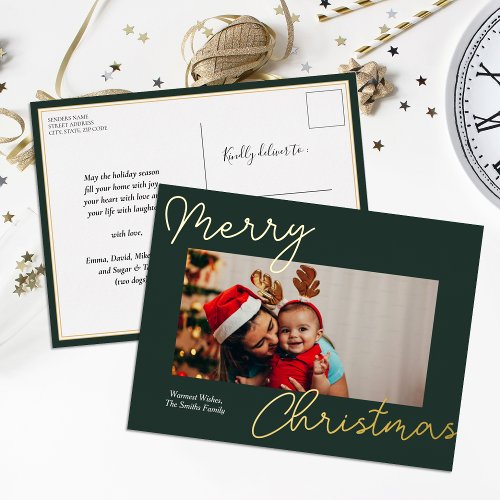 Green Gold Script Merry Christmas Simple Photo Foil Holiday Postcard