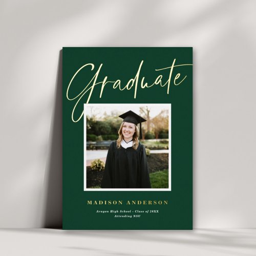 Green  Gold Script Photo Graduation Announcement