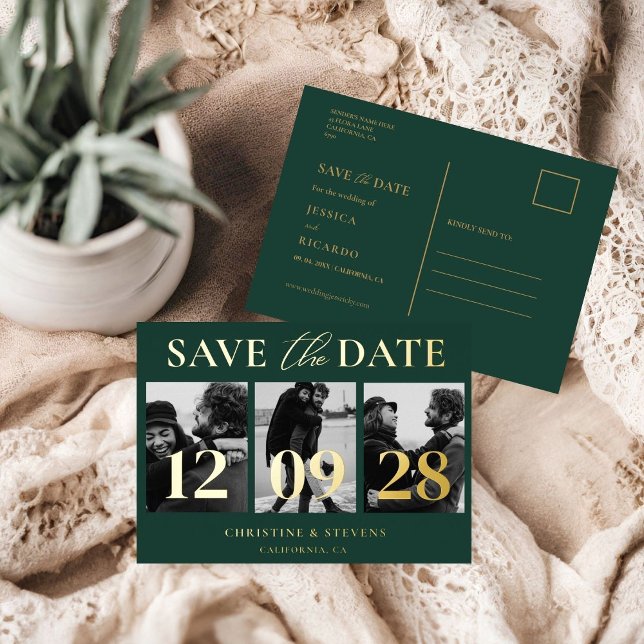 Green Gold Script Wedding Save The Date Photo Foil Invitation Postcard (Creator Uploaded)