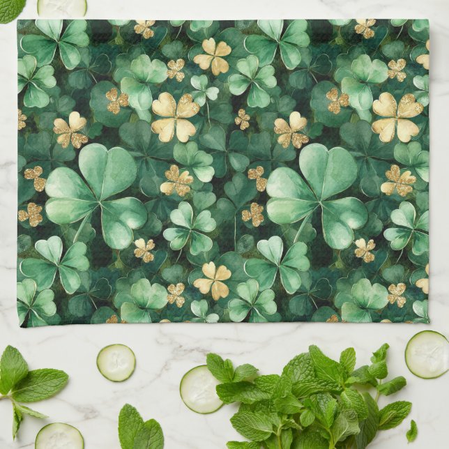 Green Gold Shamrock St. Patrick's Day Kitchen Towel (Folded)