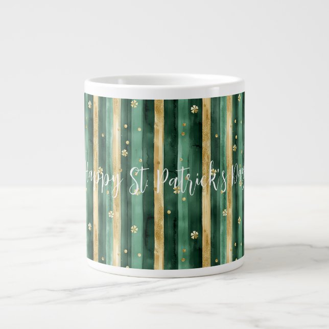 Green Gold Shamrock St. Patrick's Day Stripes Giant Coffee Mug (Front)