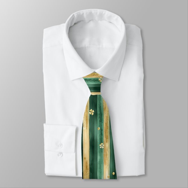 Green Gold Shamrock St. Patrick's Day Stripes Neck Tie (Tied)