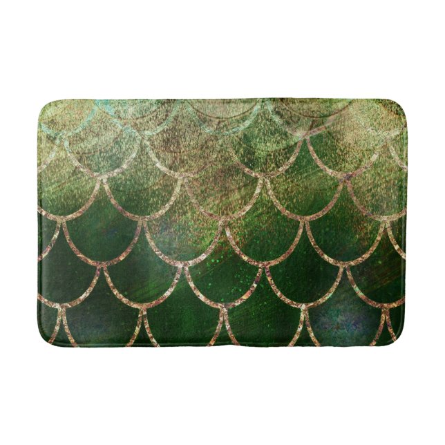 Green & Gold Shimmer Mermaid Fish Scales Bath Mat (Front)