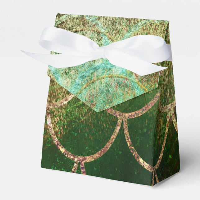 Green & Gold Shimmer Mermaid Fish Scales Favor Boxes (Front Side)