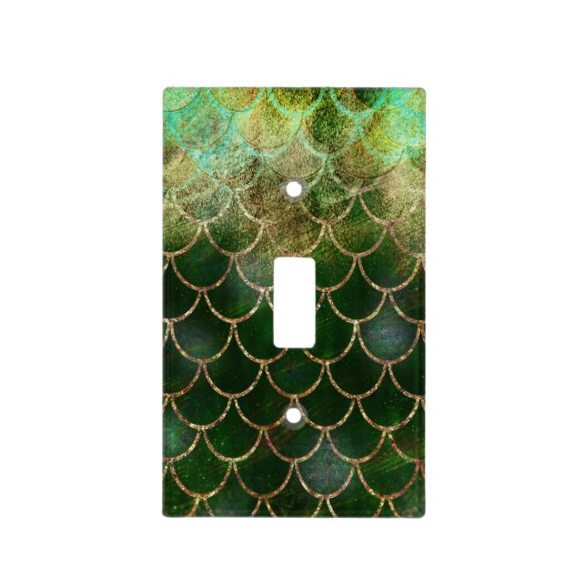 Green & Gold Shimmer Mermaid Fish Scales Light Switch Cover (Front)