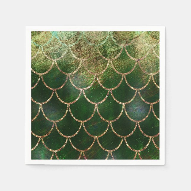 Green & Gold Shimmer Mermaid Fish Scales Napkins (Front)