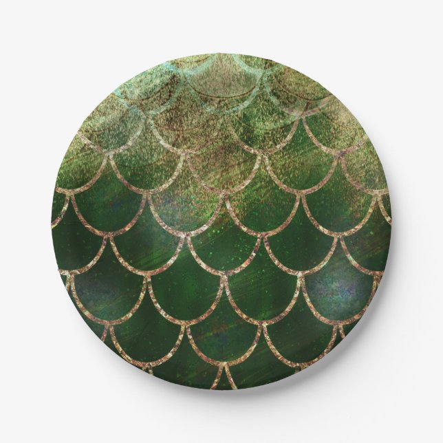 Green & Gold Shimmer Mermaid Fish Scales Paper Plates (Front)
