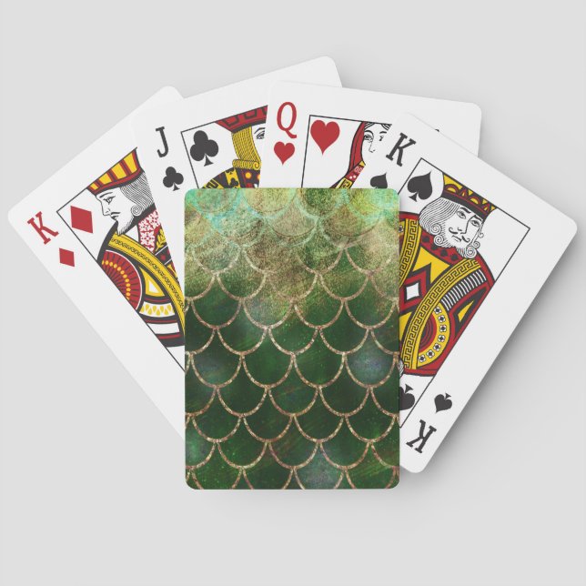 Green & Gold Shimmer Mermaid Fish Scales Poker Cards (Back)