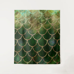Green & Gold Shimmer Mermaid Fish Scales Tapestry