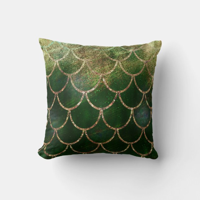 Green & Gold Shimmer Mermaid Fish Scales Throw Pillow (Front)