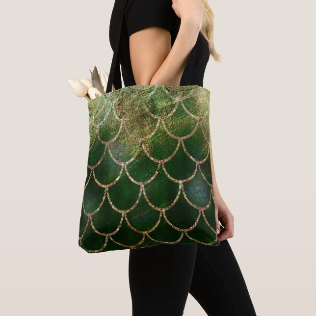 Green & Gold Shimmer Mermaid Fish Scales Tote Bag (Close Up)