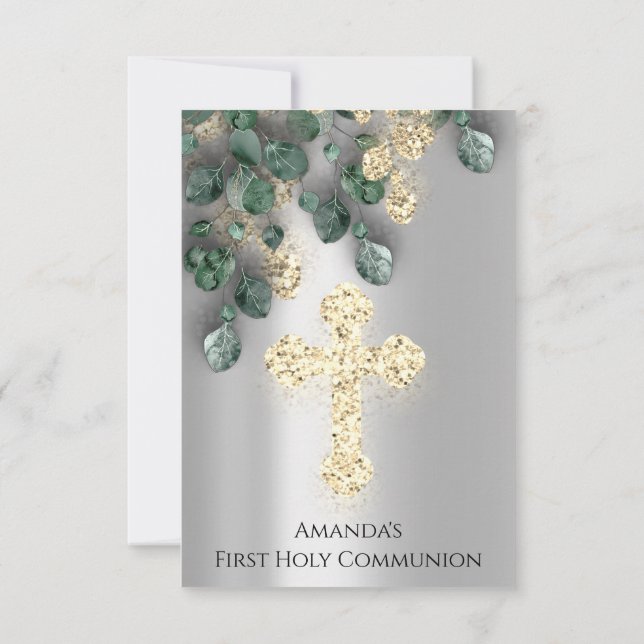 Green Gold Silver First Holy Communion Cross Invitation (Back)