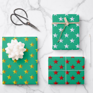 Green Gold Silver Red Stars Holiday Wrapping Paper Sheets