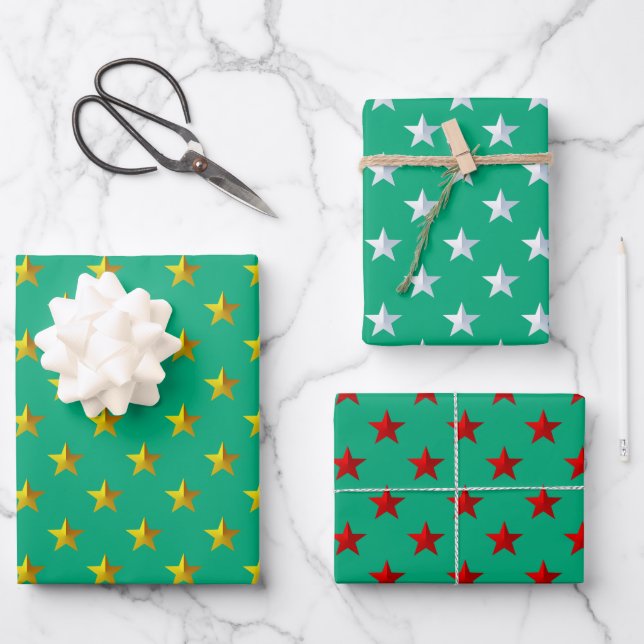 Green Gold Silver Red Stars Holiday Wrapping Paper Sheets (Front)