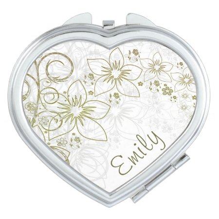 Green & Gold Simple Floral With Name Vanity Mirror