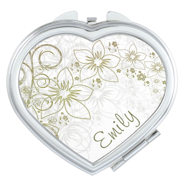 Green & Gold Simple Floral With Name Vanity Mirror (Front)