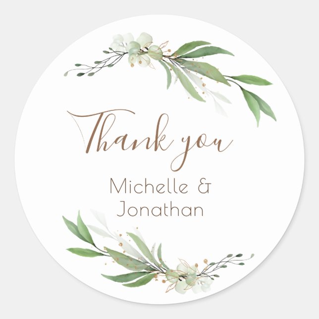 Green Gold Simple Greenery Thank You Wedding Classic Round Sticker (Front)