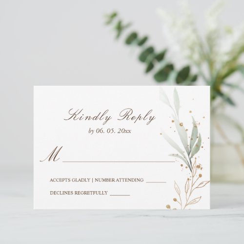 Green Gold Simple Greenery Watercolor Wedding RSVP Card